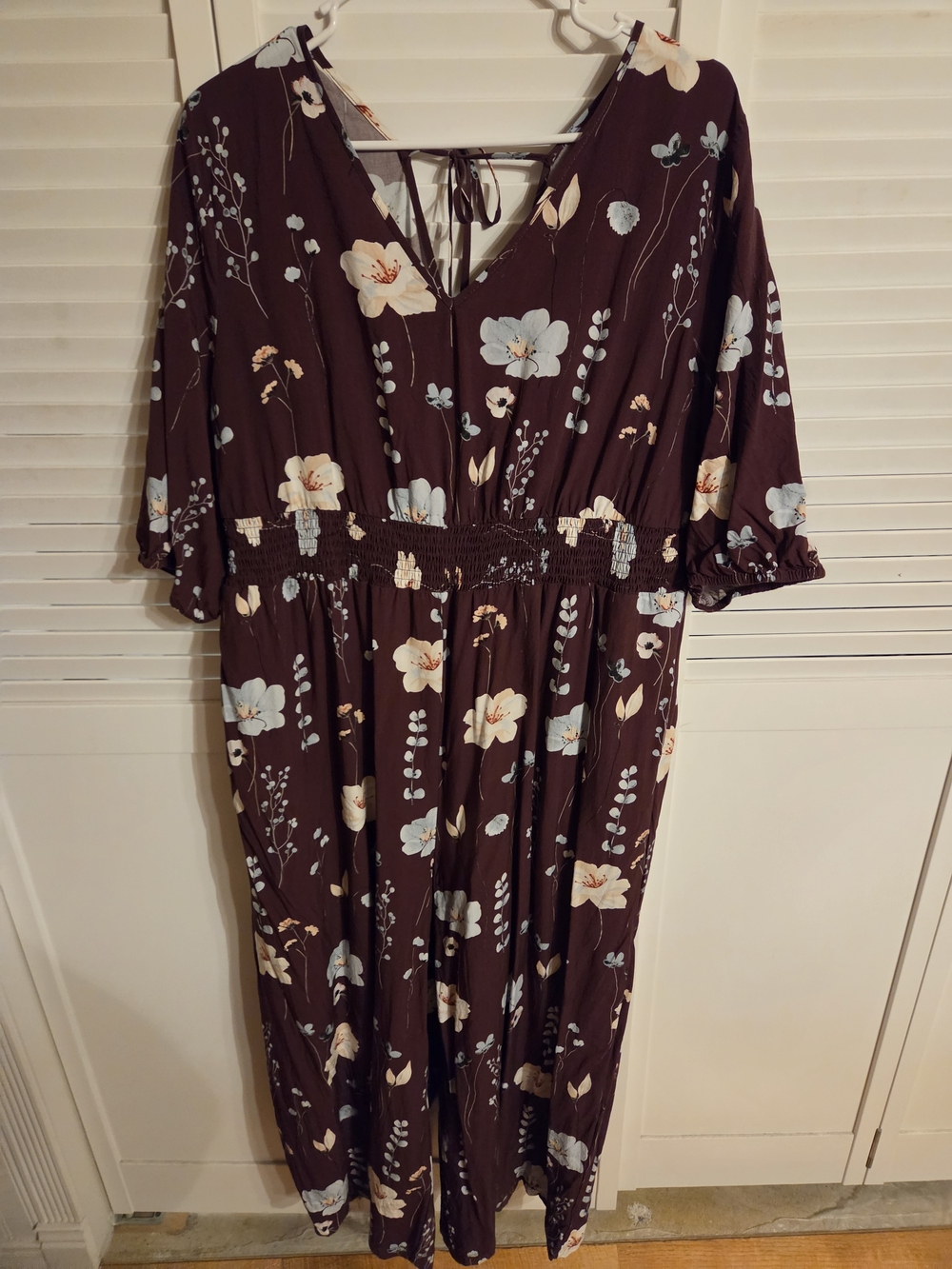 BloomChic Burgandy Floral V-Neck Maxi Dress with Cream & Light Blue Blooms